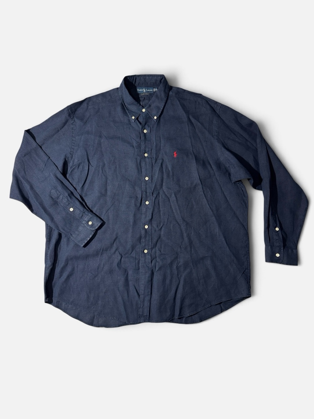 Polo Ralph Lauren mens 2XL XXL navy blue solid 100% linen Blake oxford shirt EUC